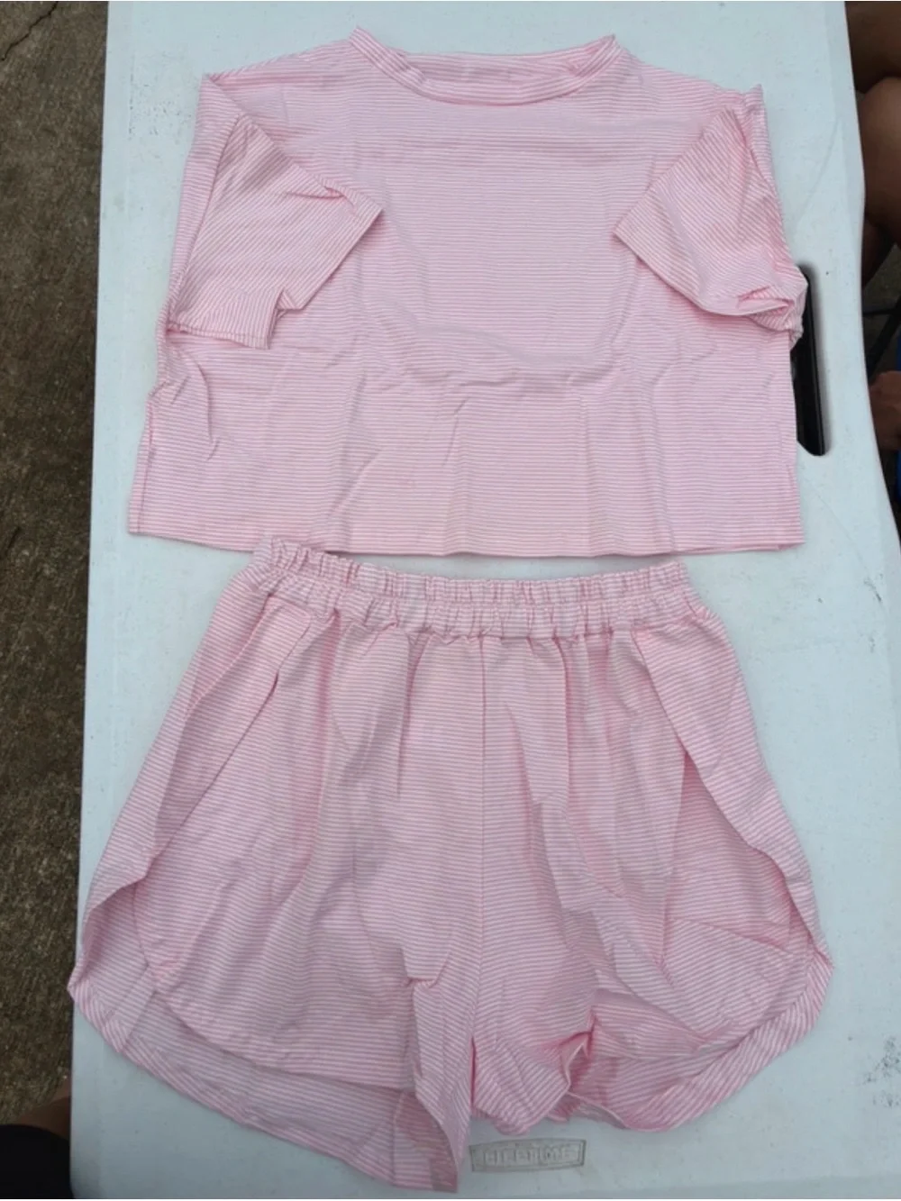 Amazon Pink Striped Short Sleeve Crop Top and Elastic Waist Shorts Pajama Set